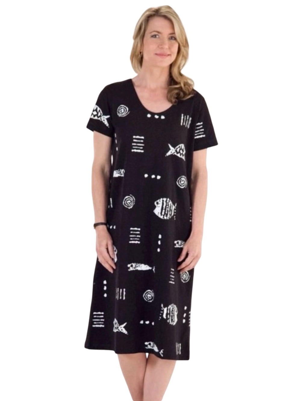VTG 90s Fish Aztec Print Maxi Dress Blk White Cotton Knit vacay Boho Artsy L/XL